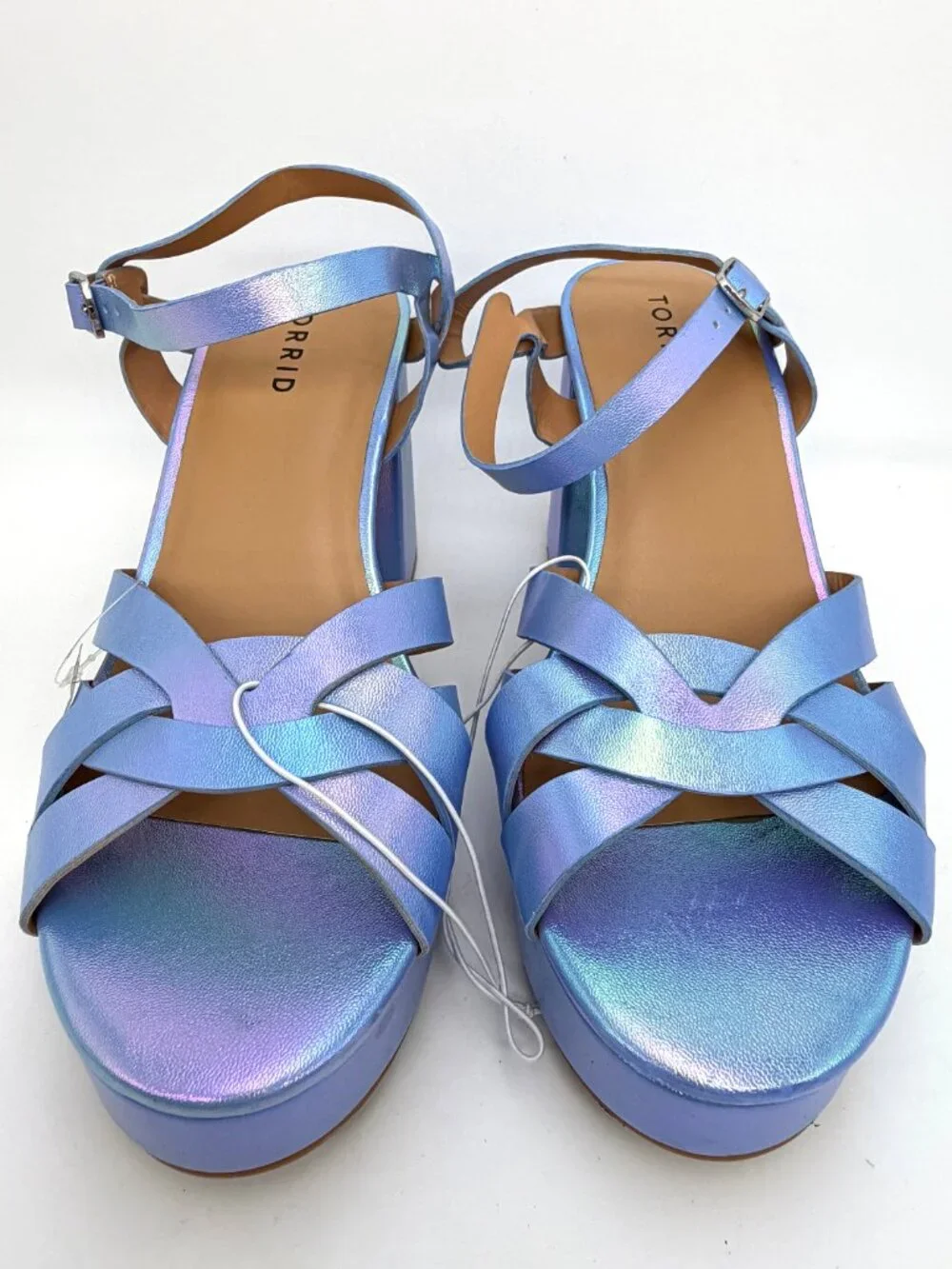 New Torrid Blue Iridescent Platform Flared Chunky Heel Sandal - Size 8WW